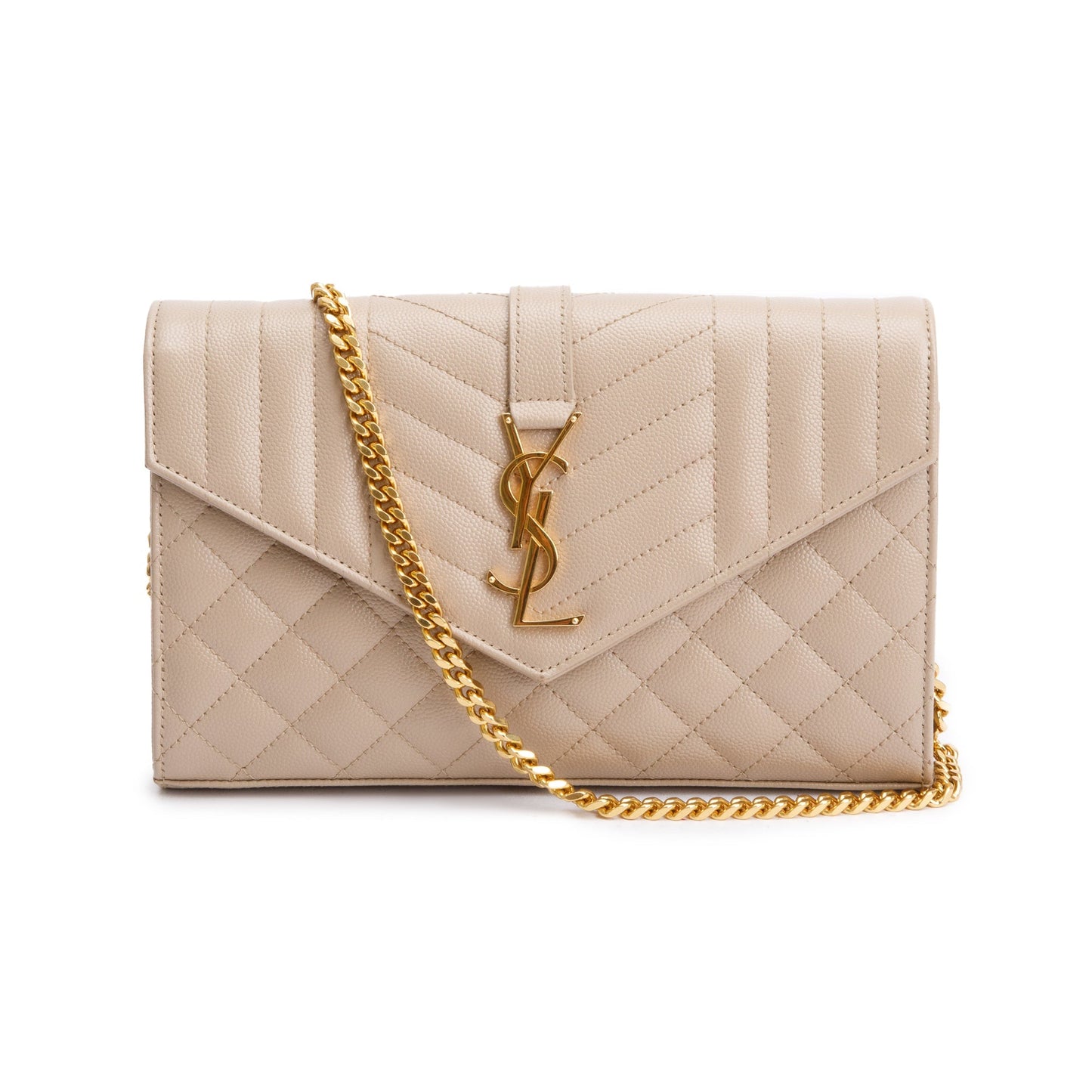 Saint Laurent Beige Mix Matelasse Grain De Poudre Leather Envelope Chain Wallet