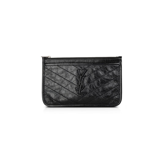Saint Laurent Black Crinkled Calfskin Matelasse Leather Monogram Niki Bill Pouch