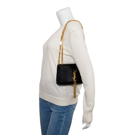 Saint Laurent Black Croc-Embossed Leather Small Kate Tassel Bag