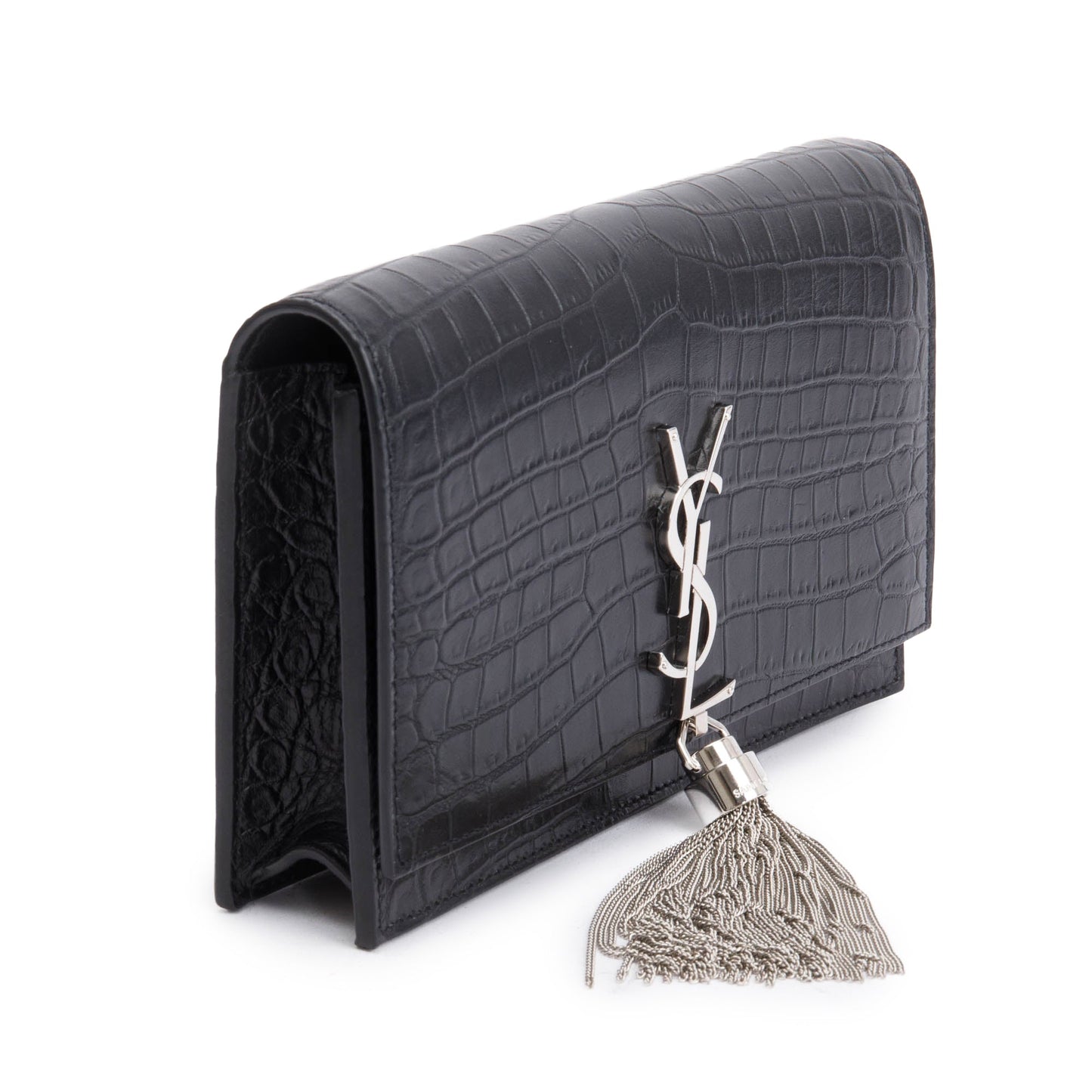 Saint Laurent Black Croc-Embossed Leather Small Kate Tassel Bag