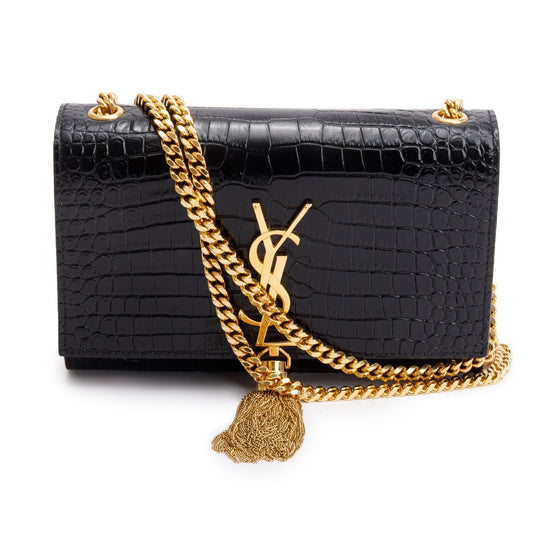 Saint Laurent Black Croc-Embossed Leather Small Kate Tassel Bag