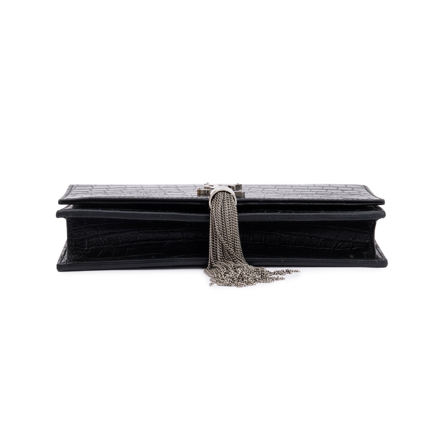 Saint Laurent Black Croc-Embossed Leather Small Kate Tassel Chain Bag