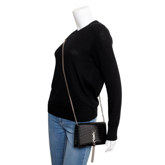 Saint Laurent Black Crocodile-Embossed Leather Small Classic Monogram Kate Tassel Chain Bag