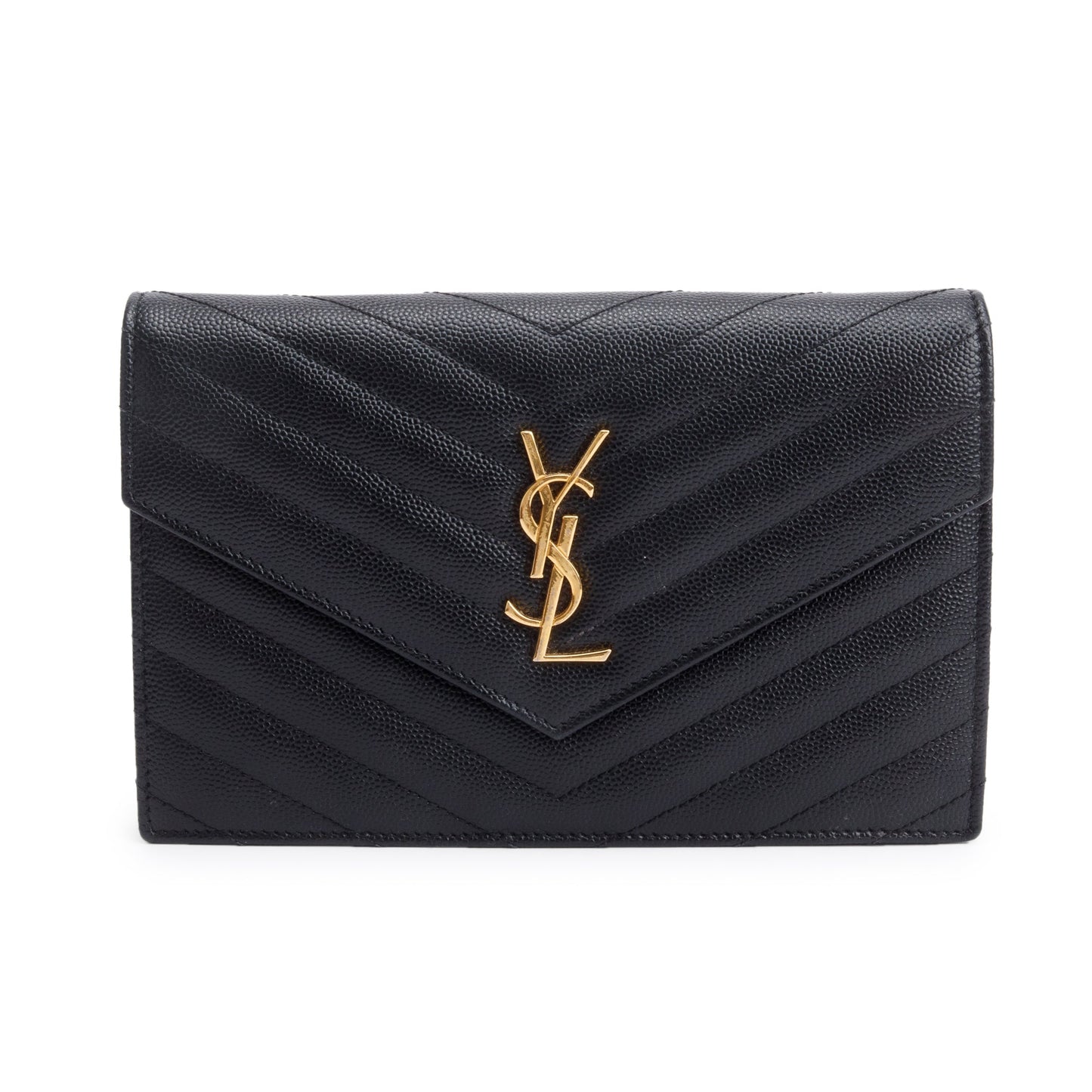 Saint Laurent Black Grain De Poudre Cassandre Envelope Chain Wallet