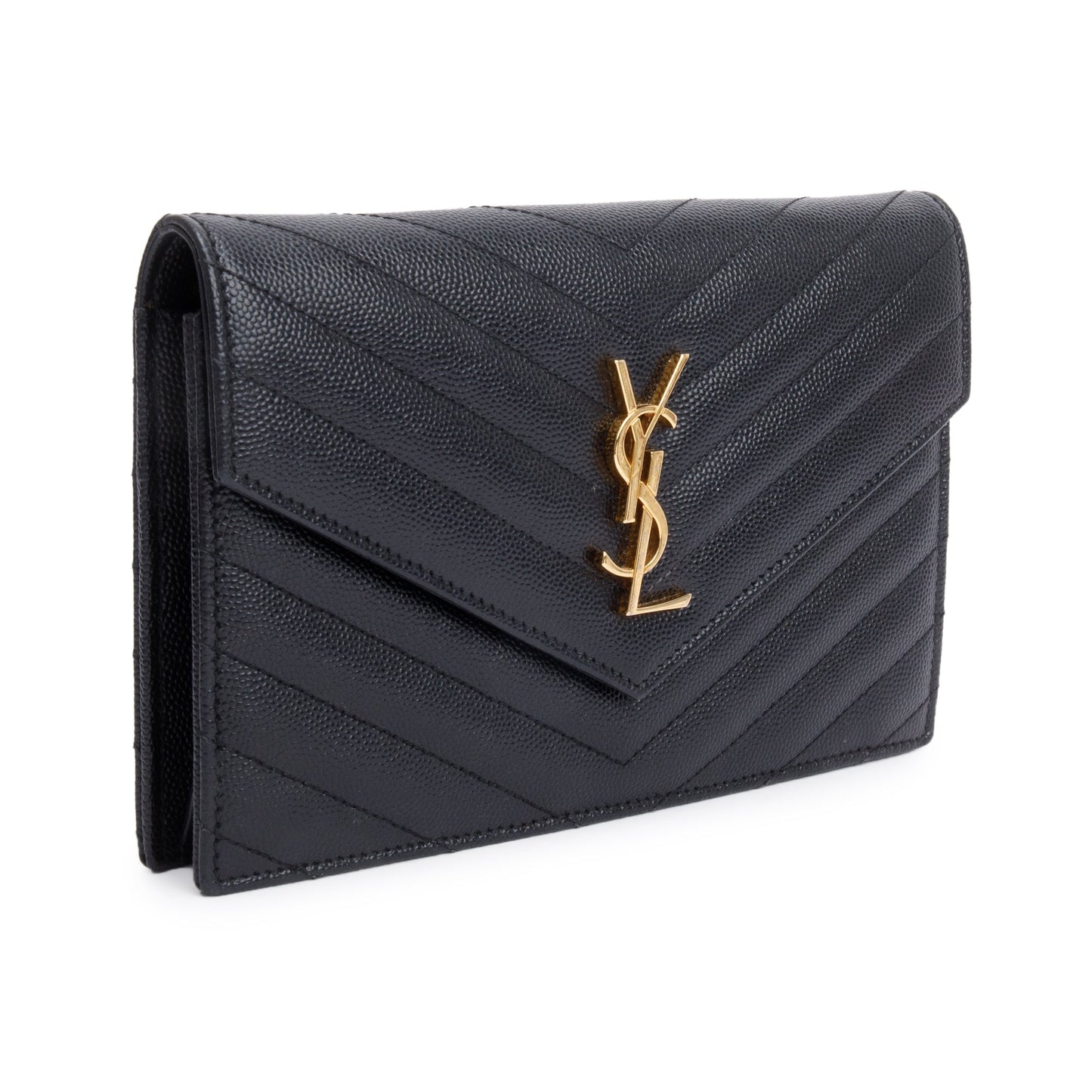 Saint Laurent Black Grain De Poudre Cassandre Envelope Chain Wallet