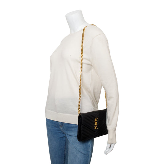 Saint Laurent Black Grain De Poudre Cassandre Envelope Chain Wallet