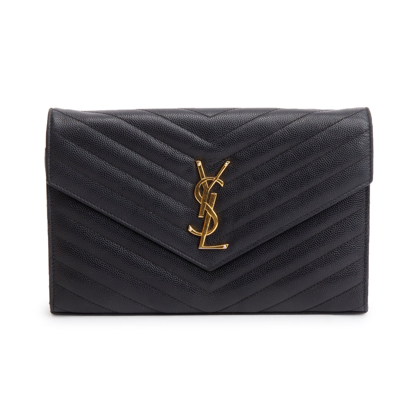 Saint Laurent Black Grain De Poudre Cassandre Envelope Chain Wallet