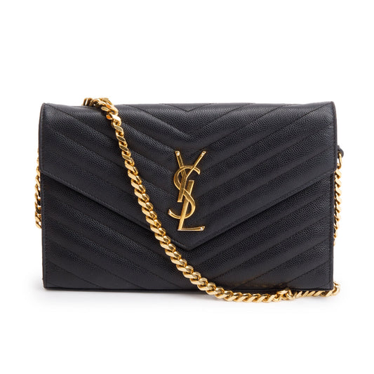 Saint Laurent Black Grain De Poudre Cassandre Envelope Chain Wallet