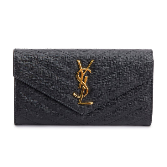 Saint Laurent Black Grain De Poudre Cassandre Matelasse Large Flap Wallet