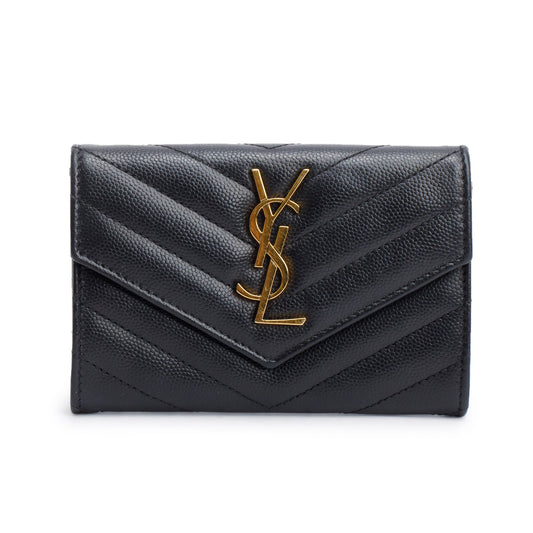 Saint Laurent Black Grain De Poudre Cassandre Matelasse Small Envelope Wallet