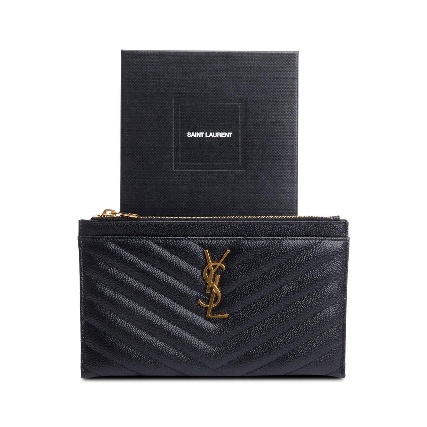 Saint Laurent Black Grain De Poudre Embossed Leather Cassandre Matelasse Zipped Pouch