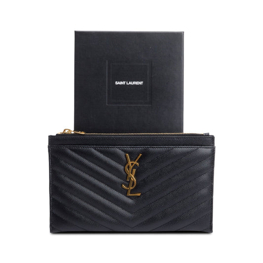 Saint Laurent Black Grain De Poudre Embossed Leather Cassandre Matelasse Zipped Pouch