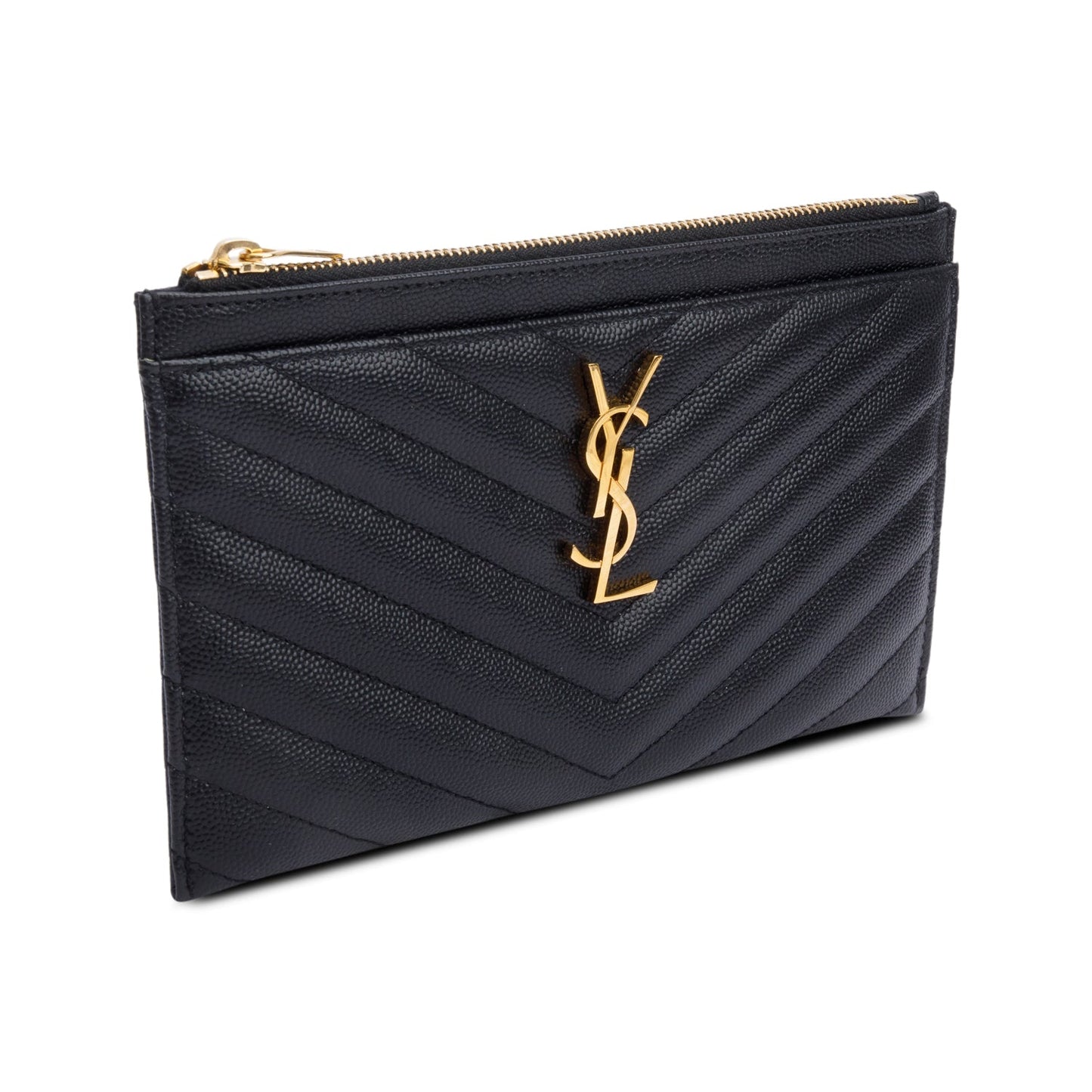 Saint Laurent Black Grain De Poudre Embossed Leather Cassandre Matelasse Zipped Pouch