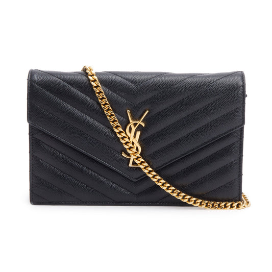 Saint Laurent Black Grain De Poudre Leather Cassandre Envelope Chain Wallet