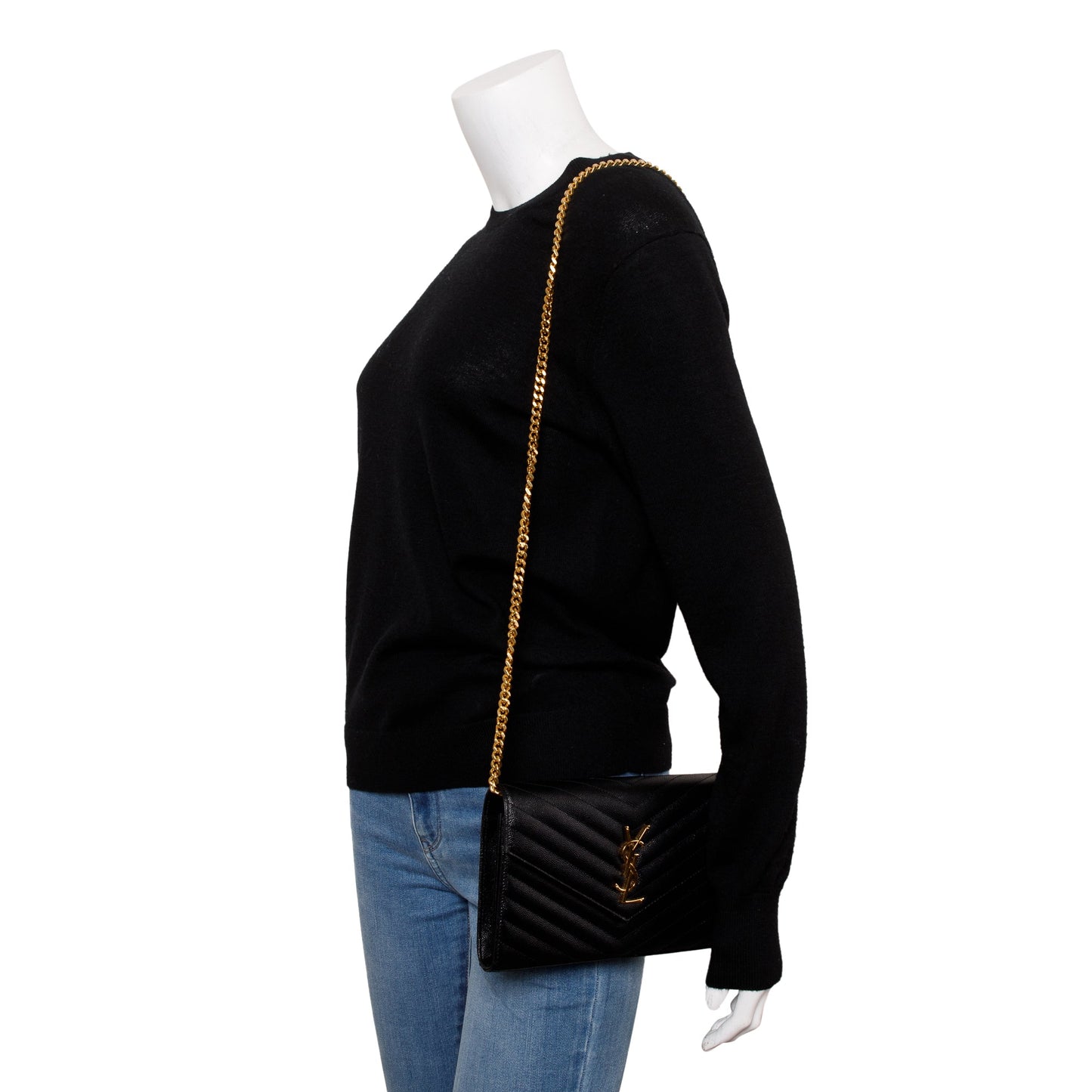 Saint Laurent Black Grain De Poudre Leather Cassandre Matelasse Chain Wallet