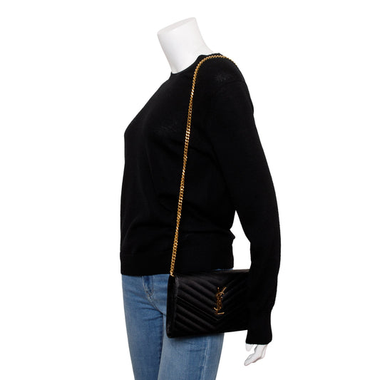 Saint Laurent Black Grain De Poudre Leather Cassandre Matelasse Chain Wallet