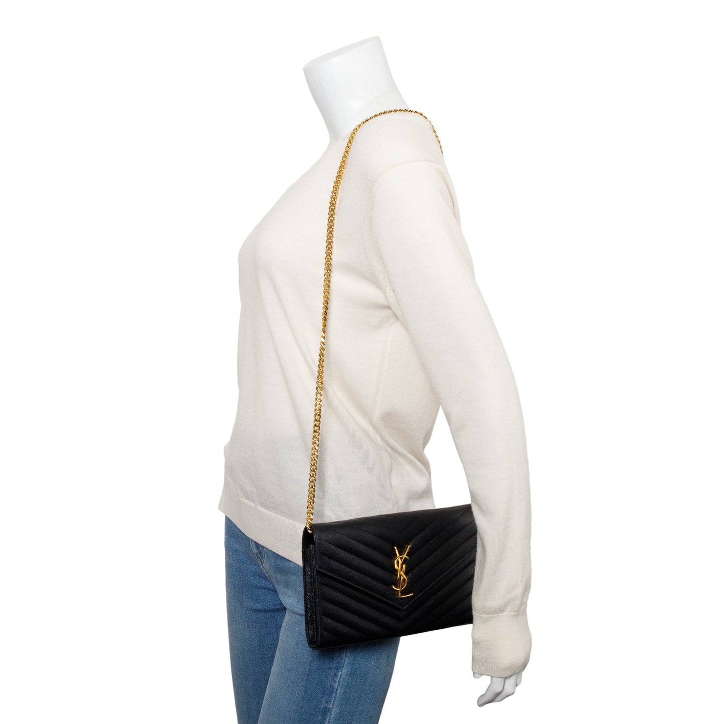 Saint Laurent Black Grain De Poudre Leather Cassandre Matelasse Chain Wallet