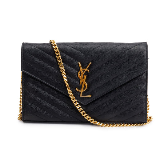 Saint Laurent Black Grain De Poudre Leather Cassandre Matelasse Chain Wallet