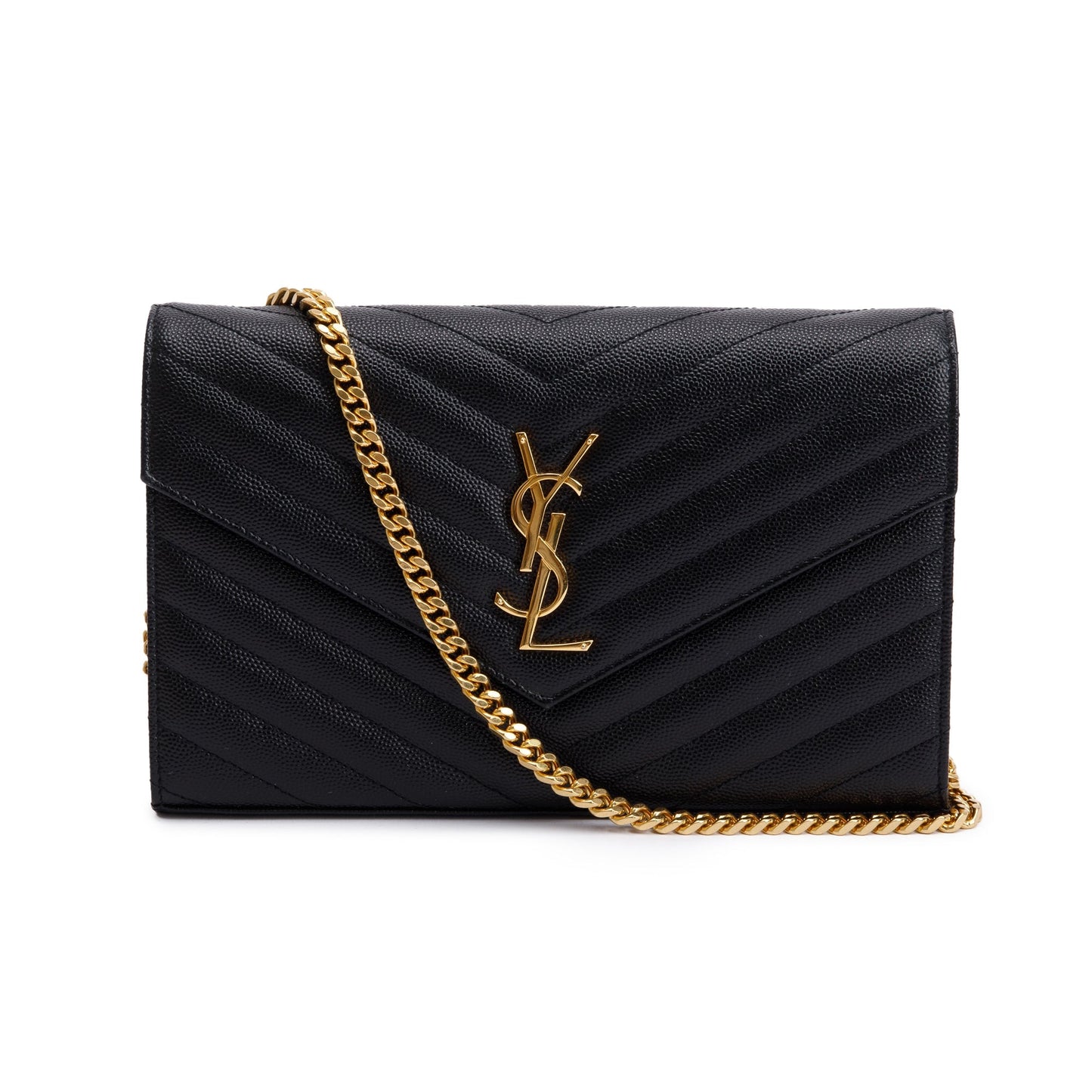 Saint Laurent Black Grain De Poudre Leather Cassandre Matelasse Chain Wallet
