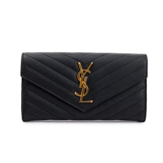Saint Laurent Black Grain De Poudre Leather Cassandre Matelasse Large Flap Wallet