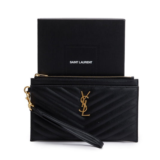 Saint Laurent Black Grain De Poudre Leather Cassandre Matelasse Large Zipped Pouch