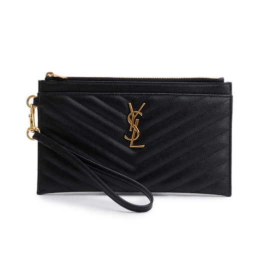 Saint Laurent Black Grain De Poudre Leather Cassandre Matelasse Large Zipped Pouch
