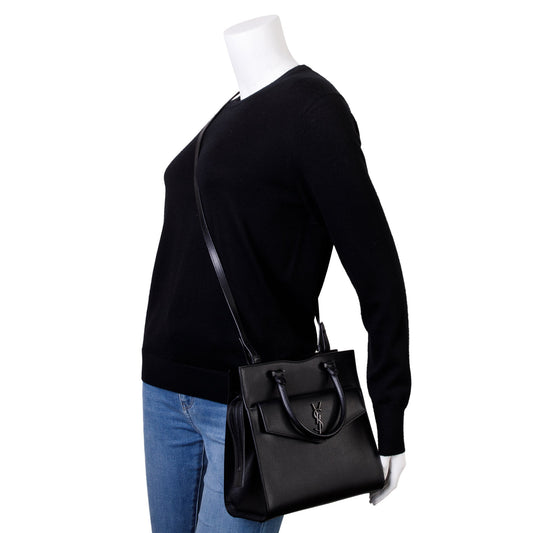 Saint Laurent Black Grain De Poudre Leather Uptown Tote with Pouch