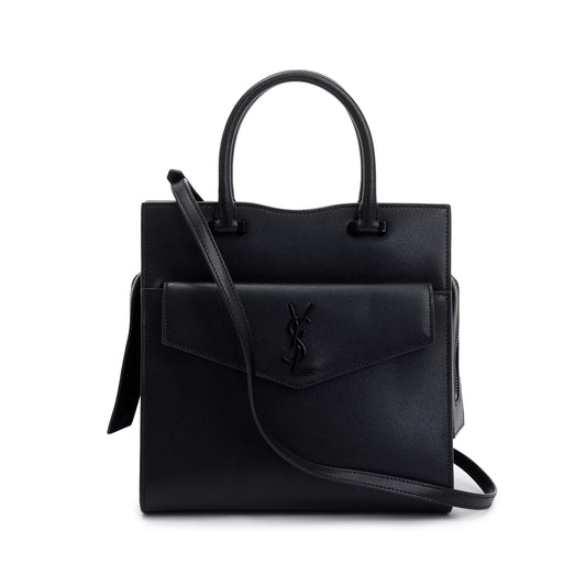 Saint Laurent Black Grain De Poudre Leather Uptown Tote with Pouch