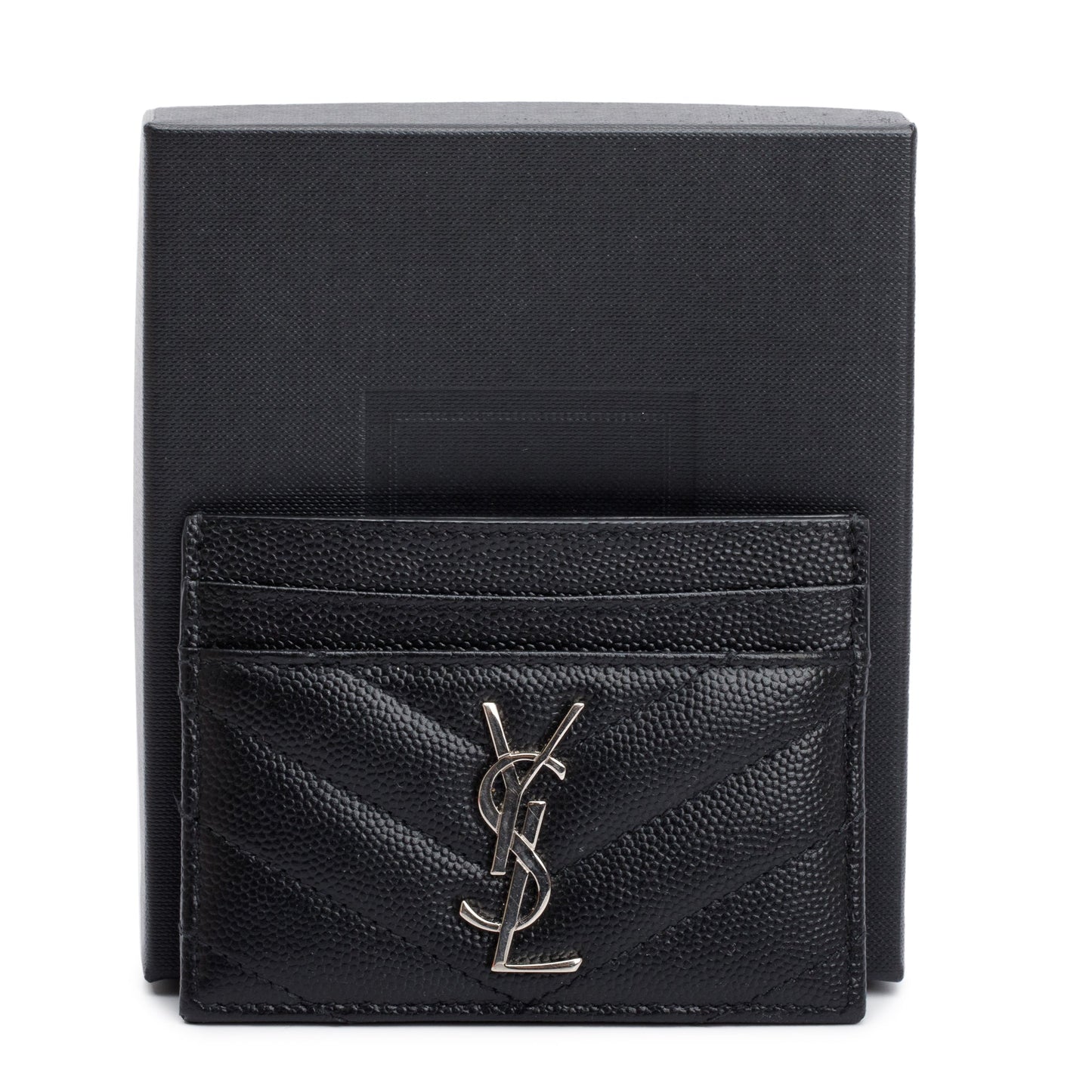 Saint Laurent Black Grain de Poudre Matelasse Chevron Leather Card Holder