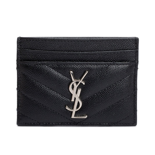 Saint Laurent Black Grain de Poudre Matelasse Chevron Leather Card Holder
