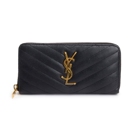 Saint Laurent Black Grained De Poudre Cassandre Matelasse Zip Around Wallet