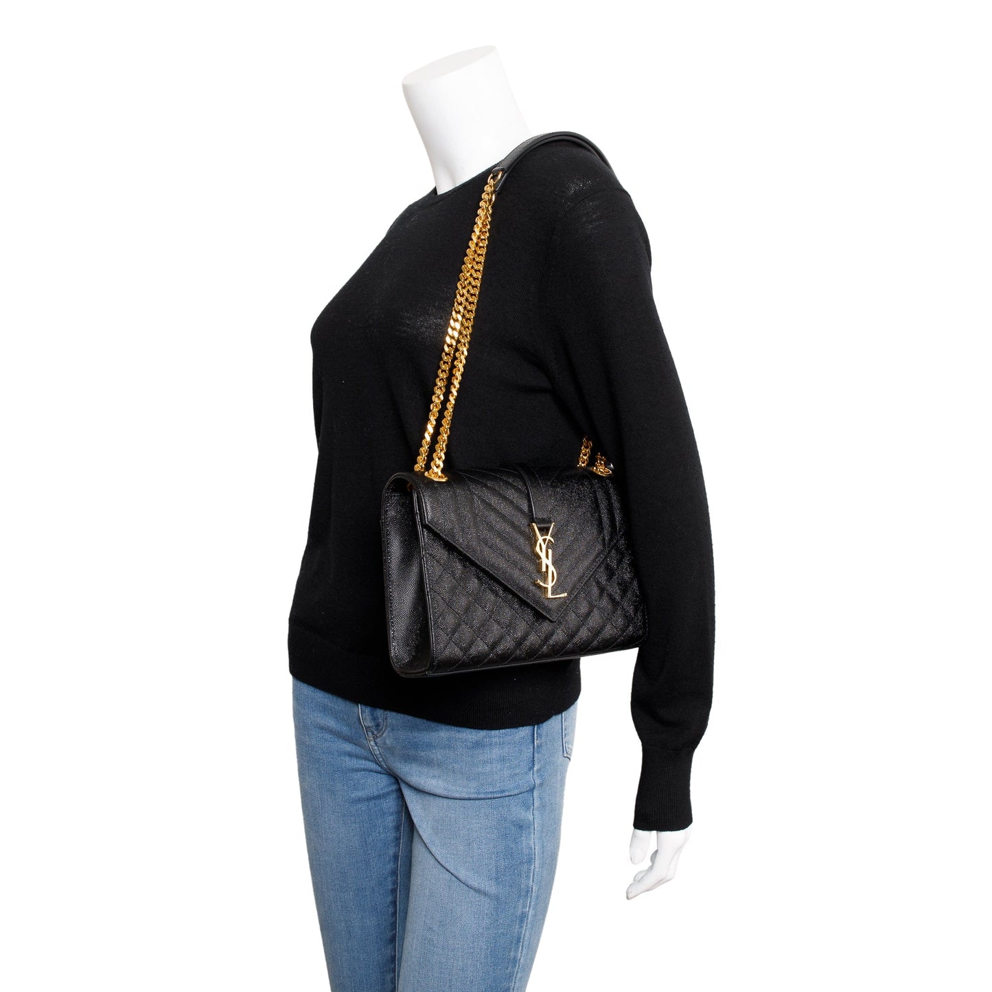 Saint Laurent Black Grained De Poudre Medium Envelope Shoulder Bag