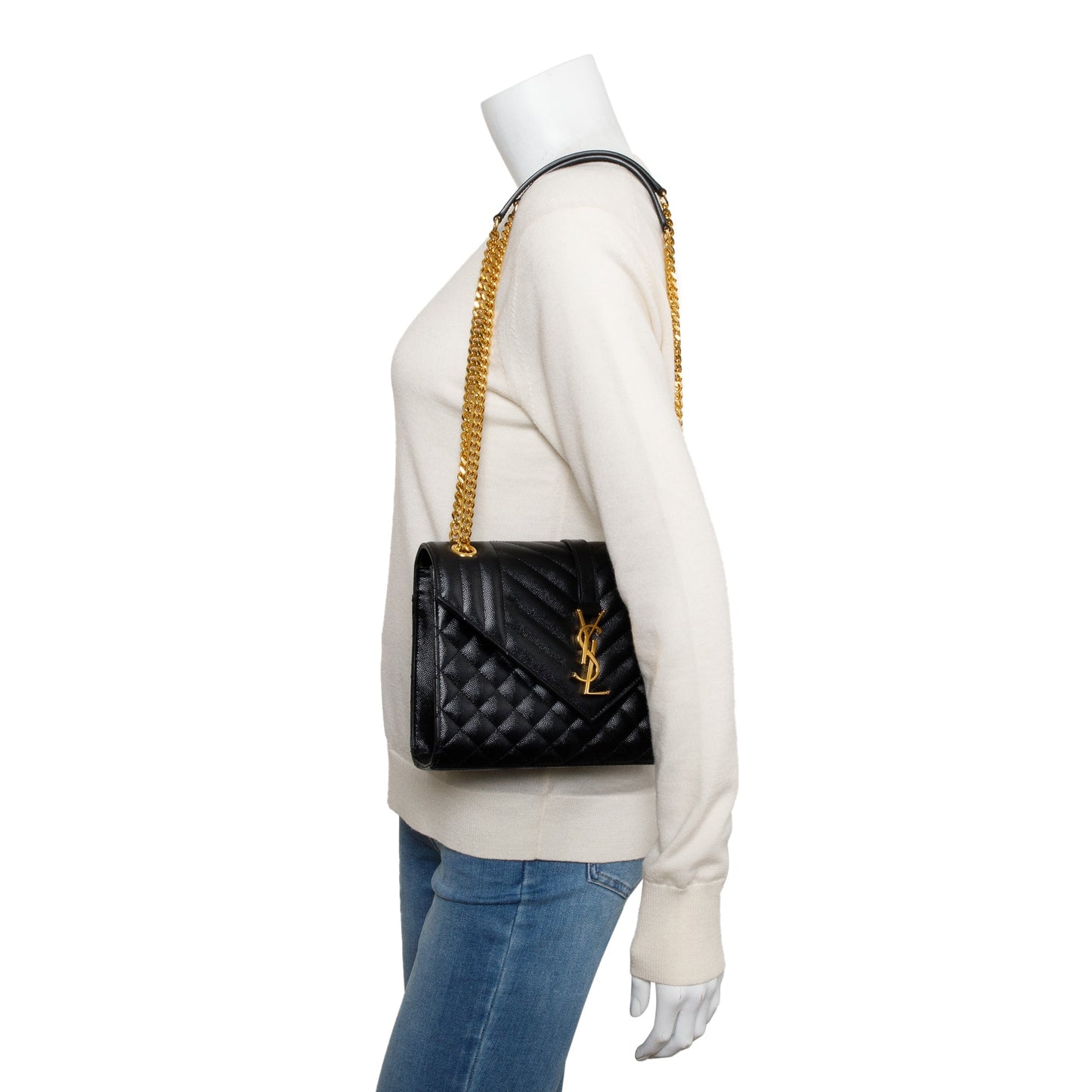 Saint Laurent Black Grained De Poudre Medium Envelope Shoulder Bag