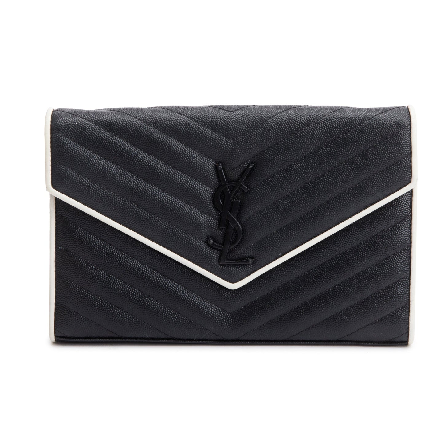 Saint Laurent Black Grained De Poudre White Contrast Trim Cassandre Matelasse Chain Wallet