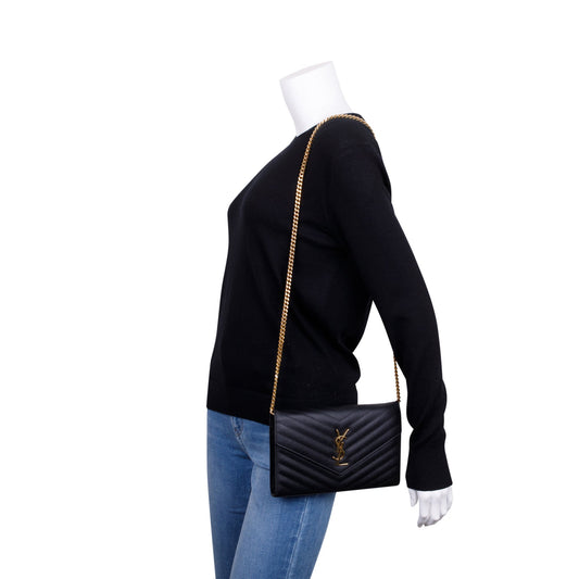 Saint Laurent Black Grained de Poudre Cassandre Matelasse Chain Wallet