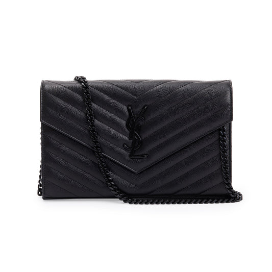 Saint Laurent Black Grained de Poudre Cassandre Matelasse Chain Wallet