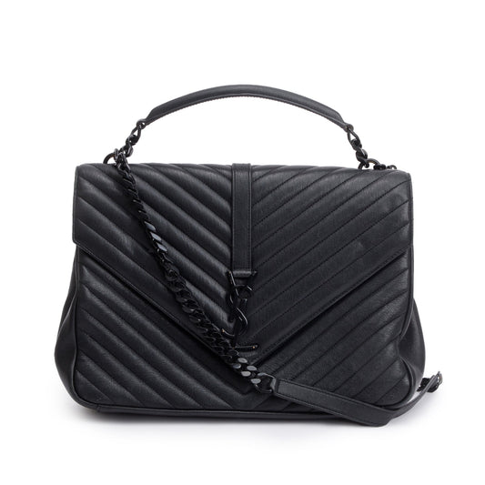 Saint Laurent Black Leather Large Chevron College Bag