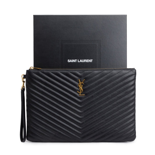 Saint Laurent Black Matelasse Leather Large Document Pouch