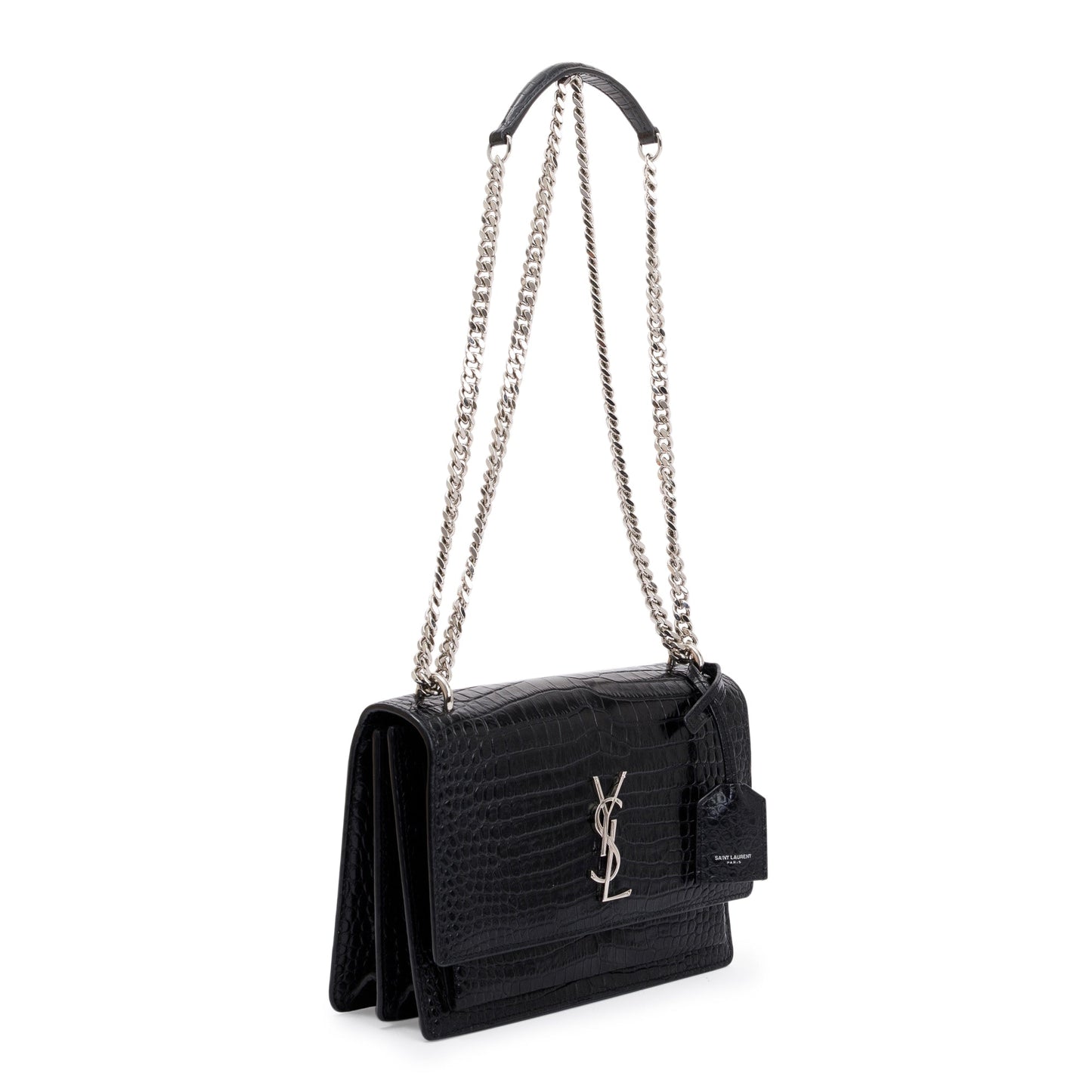 Saint Laurent Black Medium Crocodile Embossed Sunset Bag