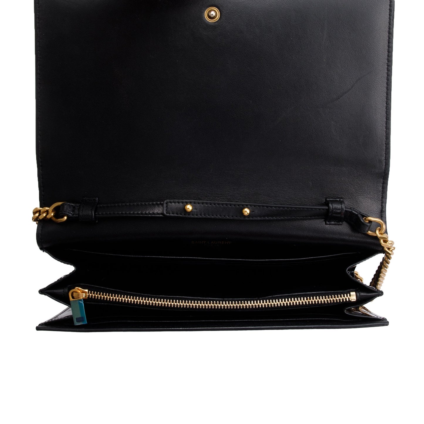 Saint Laurent Black Patent Leather Cassandre Wallet on Chain