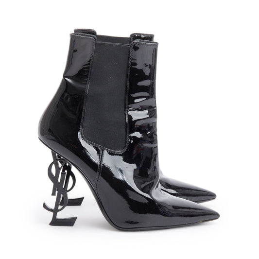 Saint Laurent Black Patent Leather Opyum Booties, Size 37.5