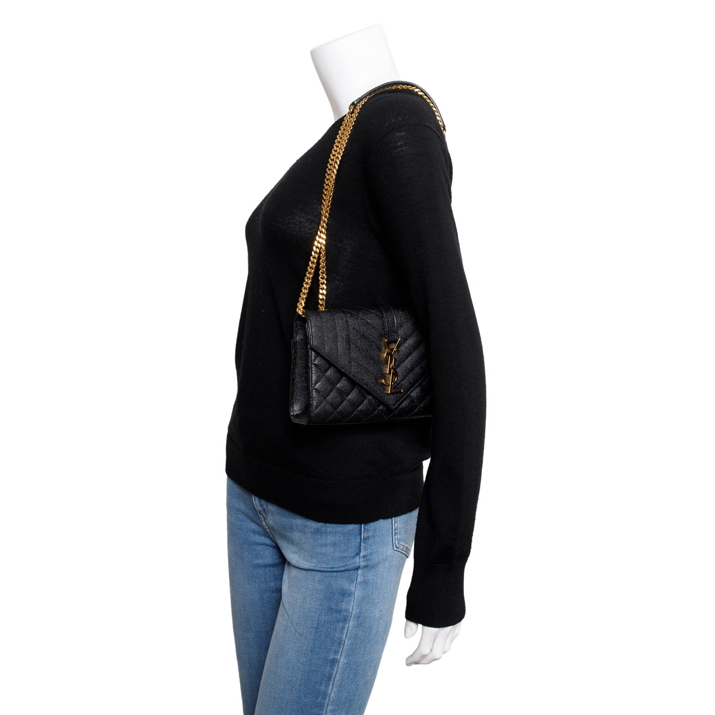 Saint Laurent Black Quilted Grain De Poudre Leather Small Envelope Chain Bag