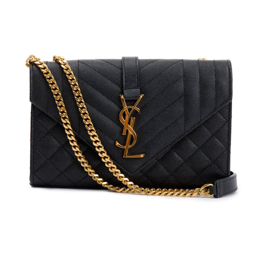 Saint Laurent Black Quilted Grain De Poudre Leather Small Envelope Chain Bag