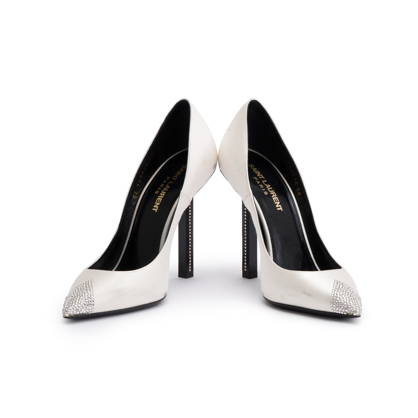 Saint Laurent Blanc Optic Satin Crystal Tower 110 Pumps, Size 36