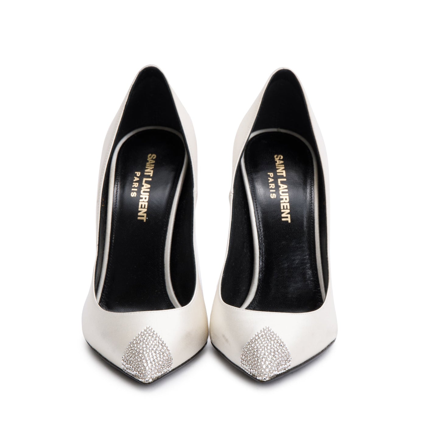 Saint Laurent Blanc Optic Satin Crystal Tower 110 Pumps, Size 36