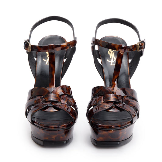 Saint Laurent Brown Tartaruga Patent Leather Tribute 105 Platform Sandals, Size 39