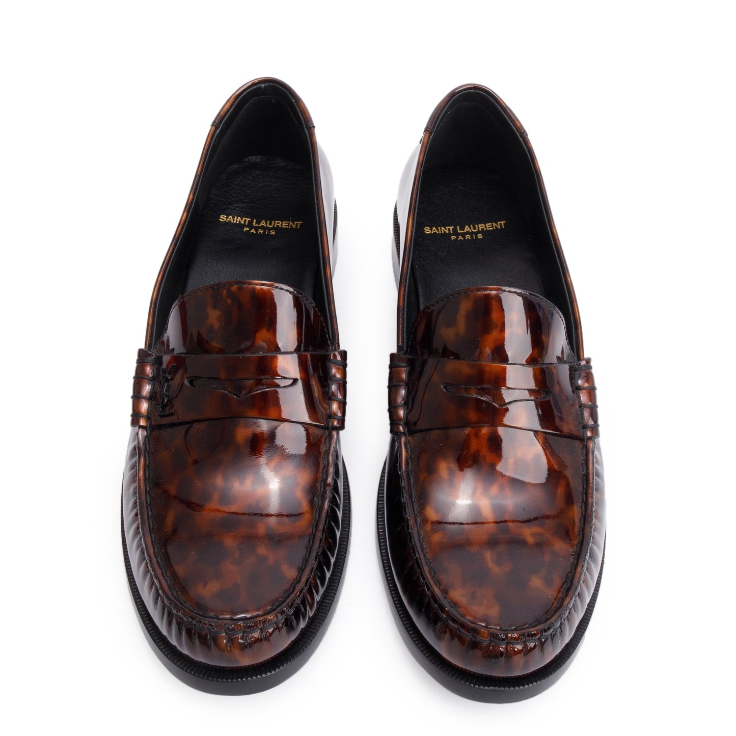 Saint Laurent Brown Tortoisehell Patent Leather Le Loafer Penny Shoes, Size 41.5
