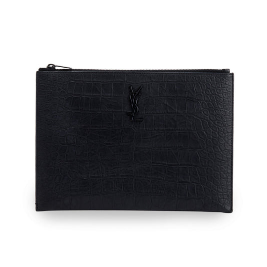 Saint Laurent Croc Embossed Monogram Zip Pouch