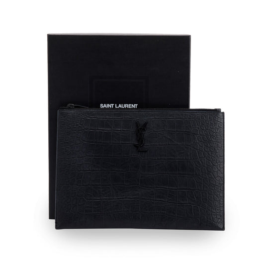 Saint Laurent Croc Embossed Monogram Zip Pouch