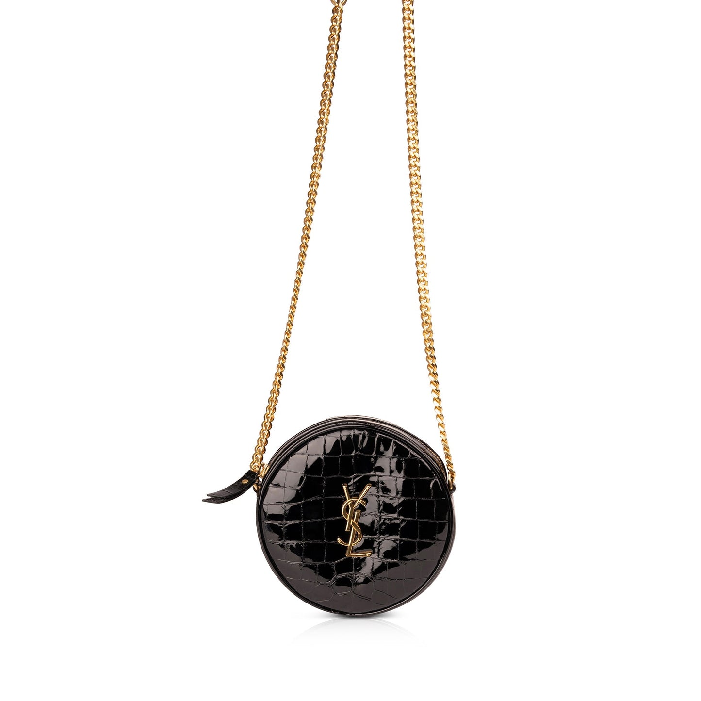 Saint Laurent Croc Embossed Patent Leather Round Monogram Camera Bag